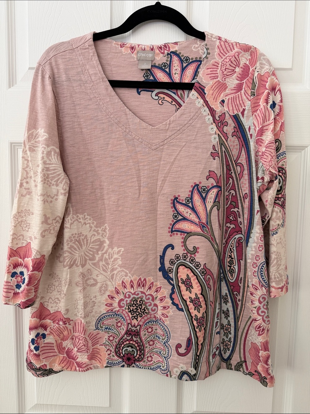Chico's Pink Paisley & Floral V-Neck Long Sleeve Top